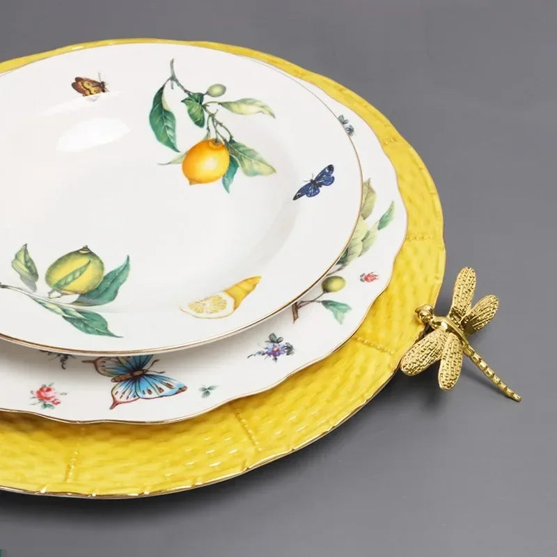 Plato de cerámica de estilo europeo para cena, elegante plato de carne con diseño de limón, juego de taza de café, plato de postre de cocina occidental