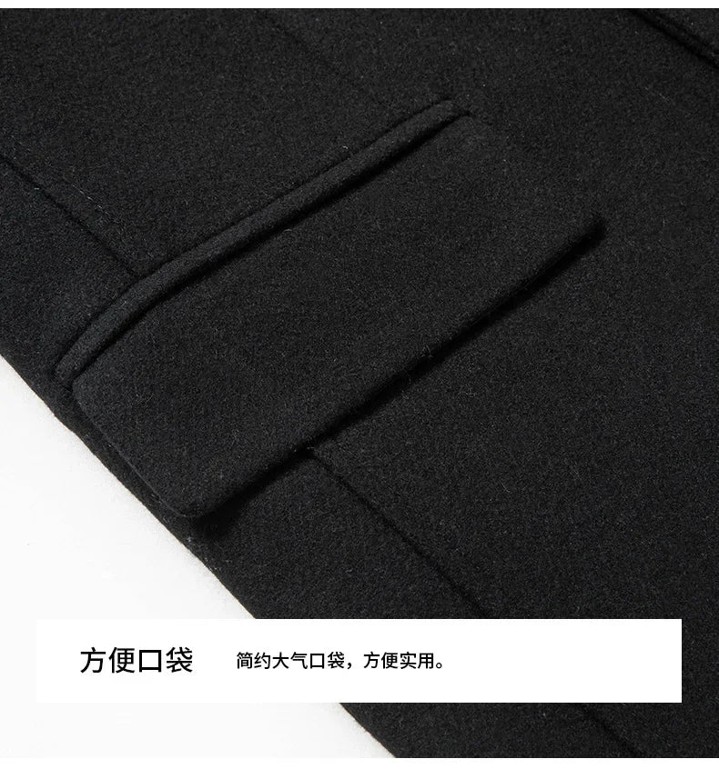 Black Men Wool Long Trench Coat Stylish Single Breasted Quilted Lined Wool Blend Pea Coats Men Winter Cashmere Coat Windbreaker