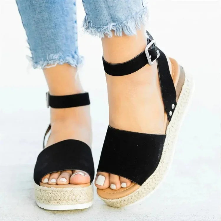 Sandalias de mujer de talla grande, estilo verano 2021, suela gruesa, diseño de hebilla y correa tejida, cómodas cuñas secas de EVA, sandalias romanas