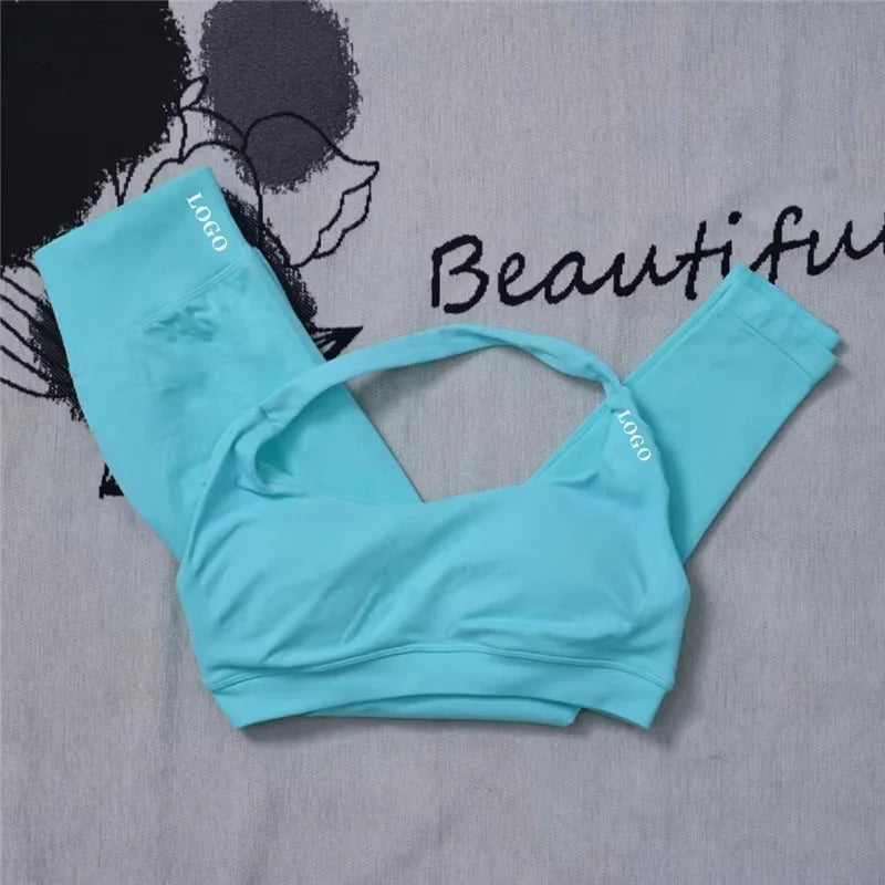 Conjunto de 2 piezas de yoga para mujer, leggings de cintura alta sin costuras, sujetador deportivo, ropa de entrenamiento, ropa deportiva para correr
