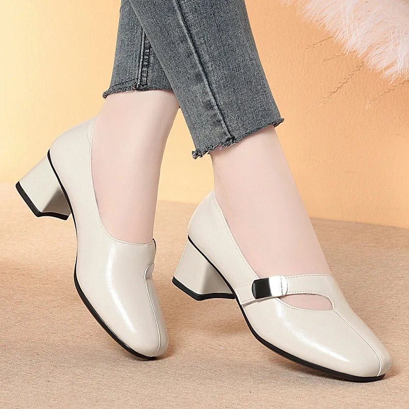 Zapatos Mary Jane vintage de 5 cm, transpirables, cómodos, de boca baja, de piel suave, para mujer, primavera 2025, tacones de bloque medianos para oficina, mamá