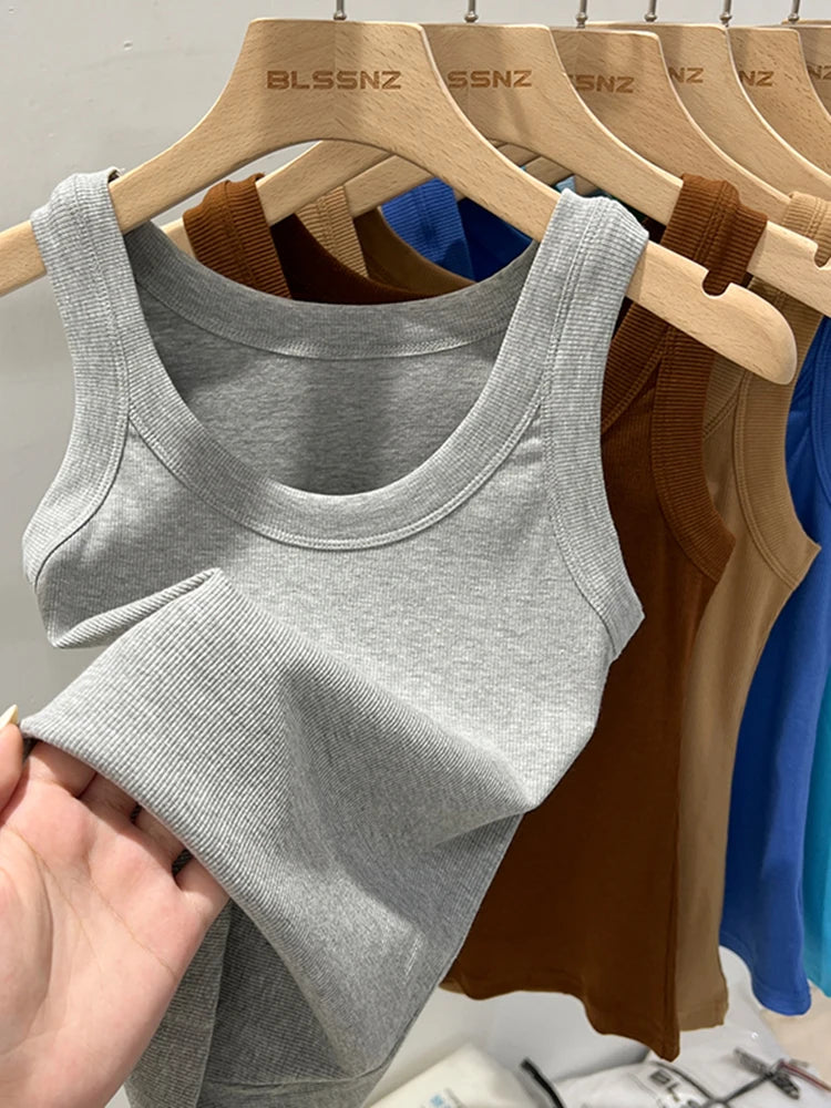 Zjaiss - Camisola de tirantes acanalada con cuello redondo para mujer, básica, elástica, de verano 2025