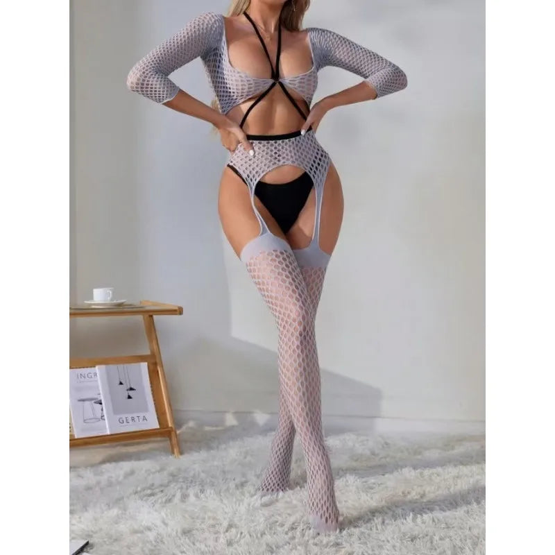 Nuevo conjunto de medias de pesca para mujer, perspectiva de red, manga larga, sin tirantes, entrepierna abierta, sexy, ajustado, seductor, con liguero.