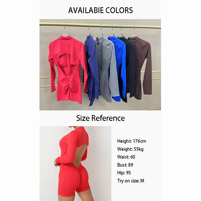 V Back Scrunch One-Piece Suit Push Up Sports Jumpsuit Woman Fitness Zipper Overalls Workout Rompers Women Gym Bodysuits Female
