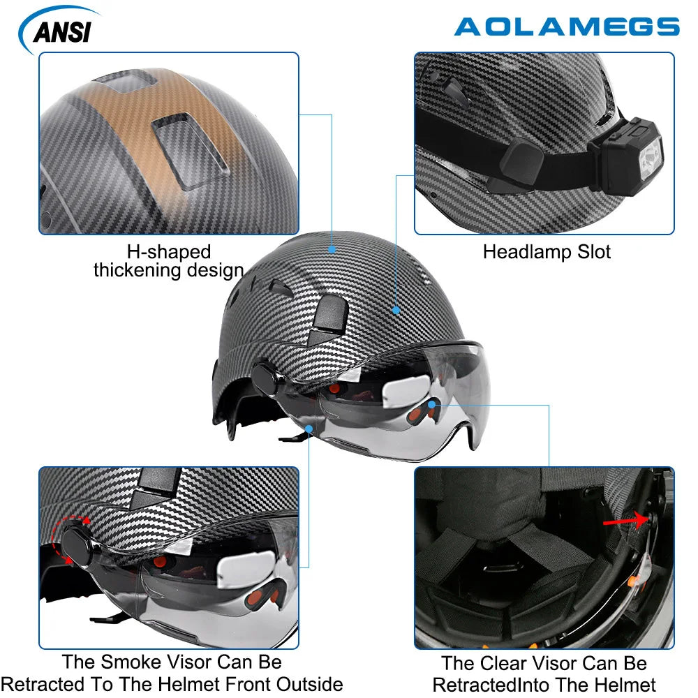 Casco de seguridad con patrón de fibra de carbono y gafas de doble visera para ingenieros, casco de seguridad CE ANSI ABS, gorra de trabajo industrial, rescate