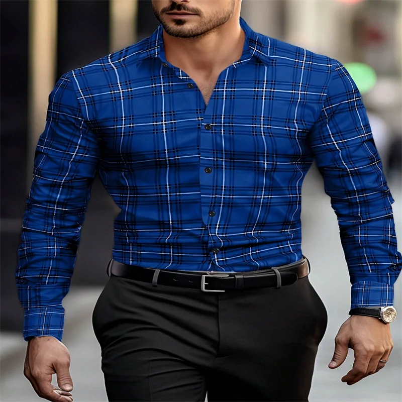 2024 new men's classic striped plaid long-sleeved shirt Men's classic red casual fashion shirt top