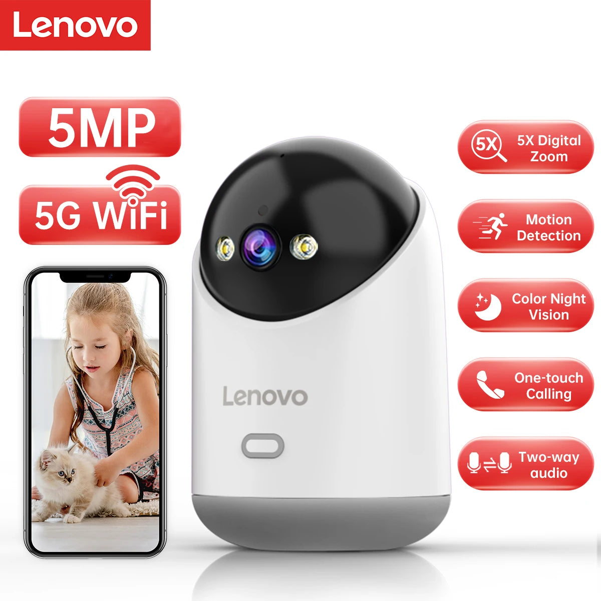 Cámara WiFi Lenovo de 5 MP para interiores, cámara IP inteligente para el hogar, color, seguimiento automático, seguridad nocturna, CCTV, monitor para bebés