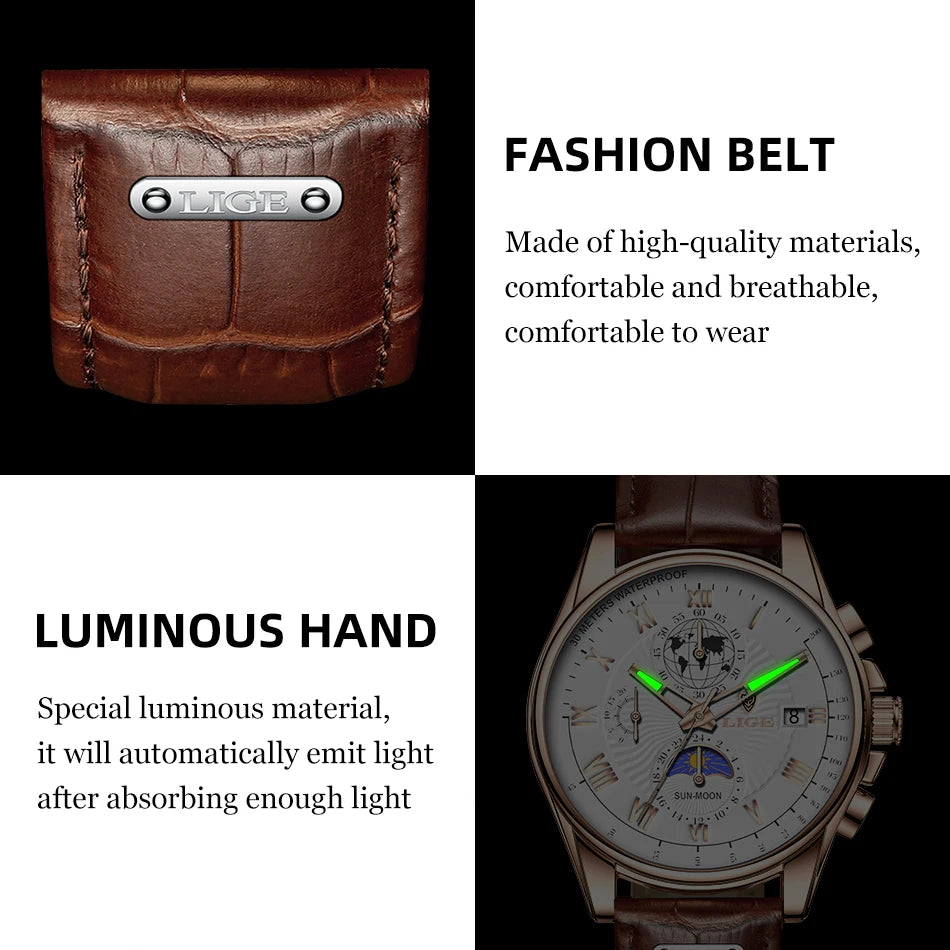 LIGE 2024 - Nuevo reloj de cuero azul para hombre, marca de lujo, resistente al agua, deportivo, con fecha, de cuarzo, Masculino