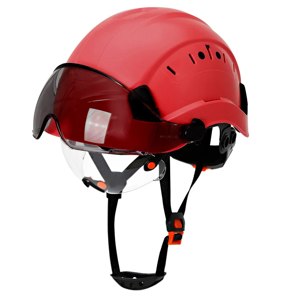 Casco de seguridad con patrón de fibra de carbono y gafas de doble visera para ingenieros, casco de seguridad CE ANSI ABS, gorra de trabajo industrial, rescate