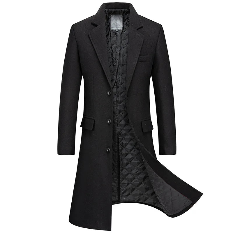 Black Men Wool Long Trench Coat Stylish Single Breasted Quilted Lined Wool Blend Pea Coats Men Winter Cashmere Coat Windbreaker