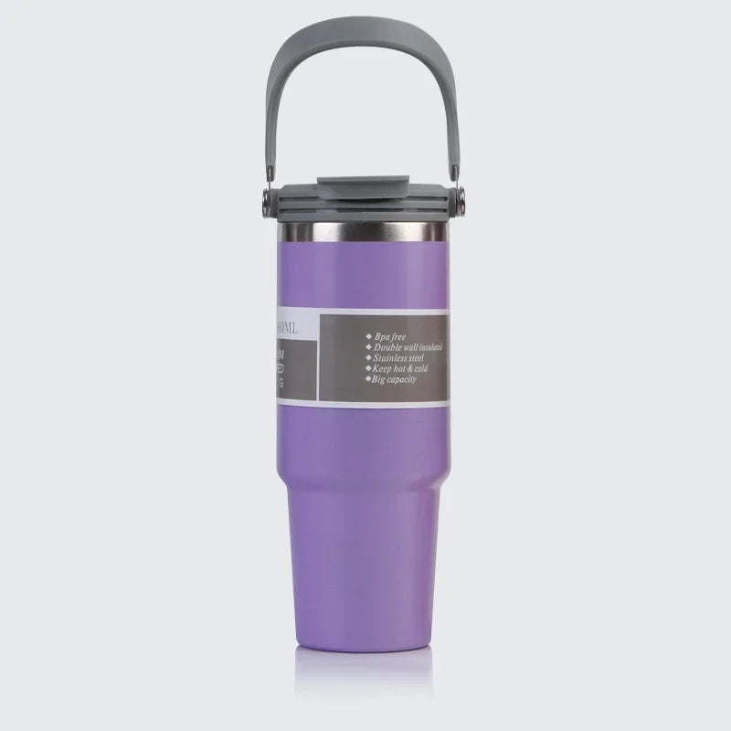 Vaso portátil de acero inoxidable de 30 oz con aislamiento para coche, con pajita y doble pajita para bebidas frías, ideal para usar en el vehículo.