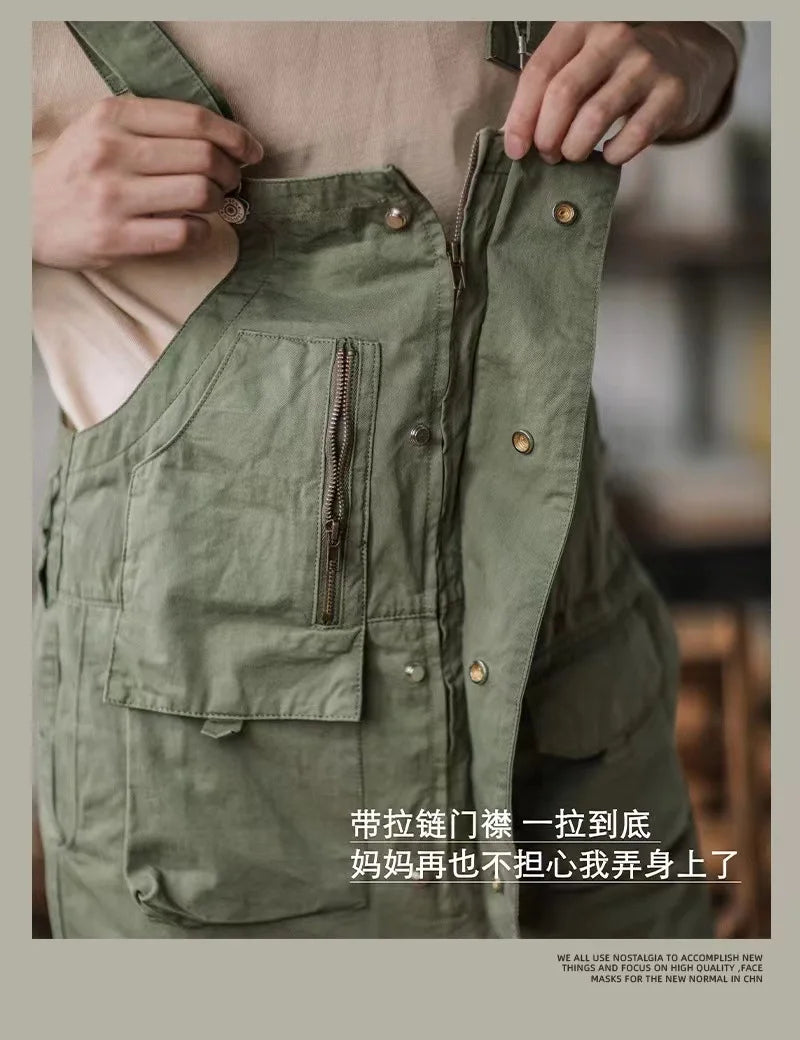 Retro American Cotton Overalls Bibs Loose Washing Jumpsuit Men's Suspenders Four Seasons Full Length Baggy Pants