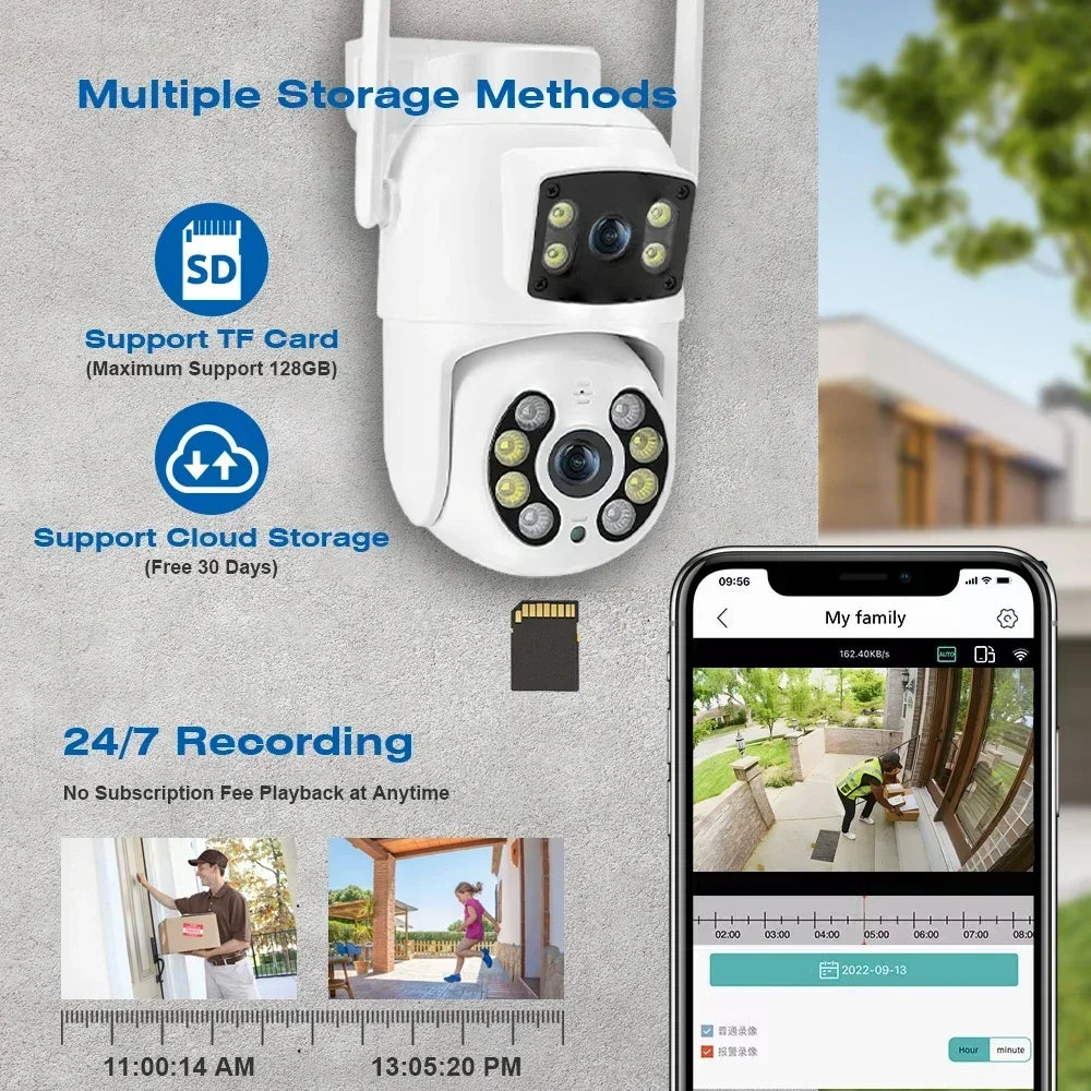 Cámara IP de seguridad CCTV TAITAS 8MP 4K PTZ Wifi con lente dual, pantalla dual, detección humana IA, inalámbrica, para exteriores, Ziicam