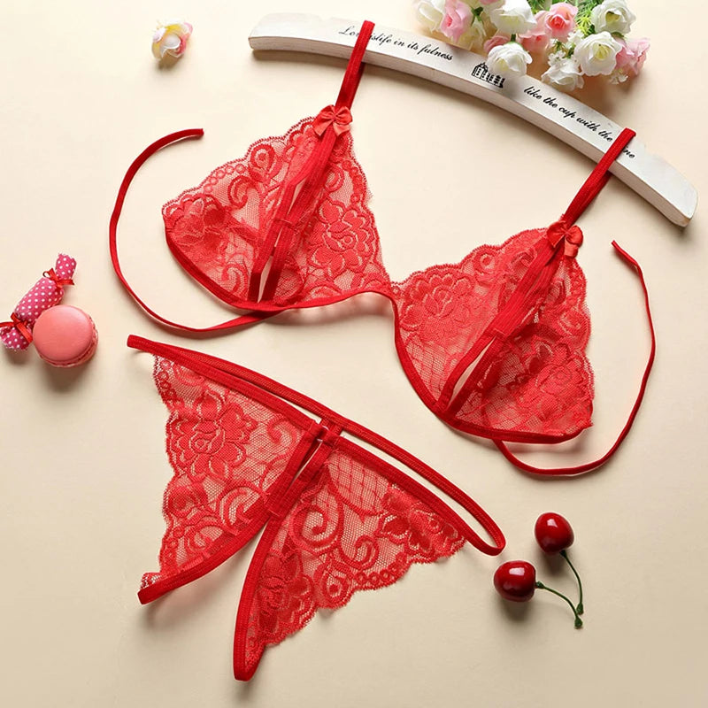 Conjunto erótico de lencería con encaje transparente y sujetador de perlas para mujer, conjunto de ropa interior sexy, color blanco, abierto, sin entrepierna