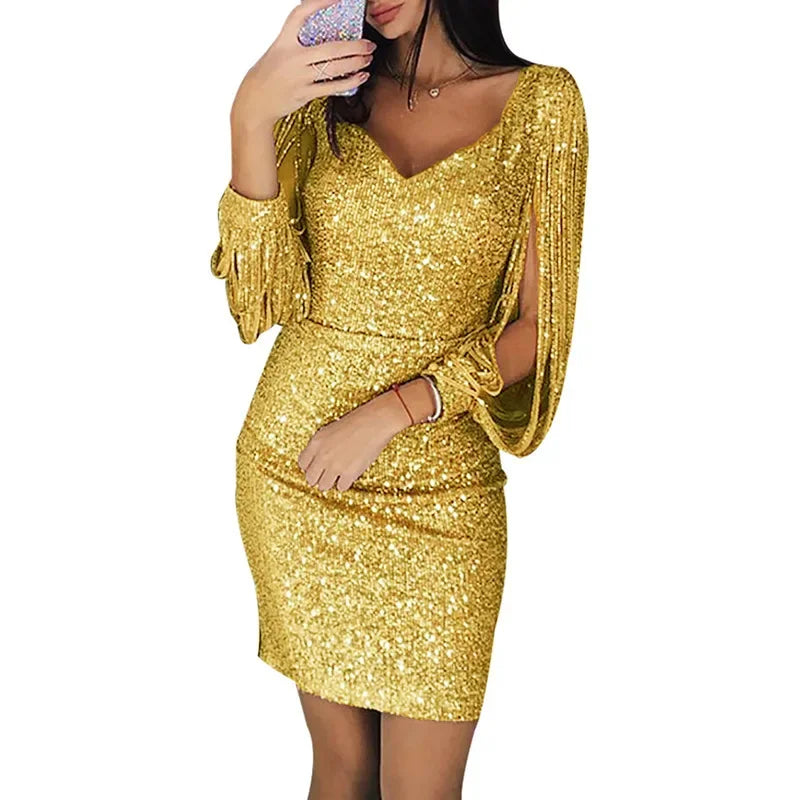 Vestido adelgazante de manga larga con flecos y escote en V con diamantes de imitación, el más vendido de Amazon Wish en 2019, para niñas, juvenil y elegante.
