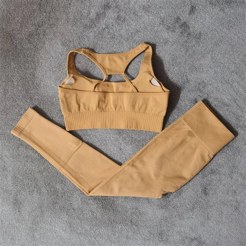 Conjunto de yoga fitness sin costuras para mujer, ropa deportiva de cintura alta, leggings, pantalones cortos de dos piezas, ropa de gimnasio para mujer