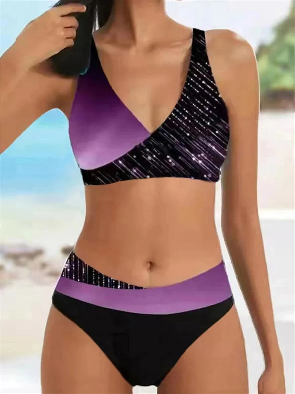 Conjunto de bikini con cuello en V 2024 para mujer, traje de baño de verano con estampado de rayas y patchwork, ropa de playa, traje de baño para mujer, talla 2XL