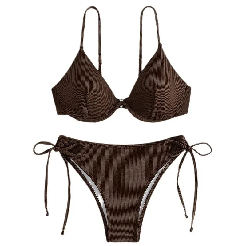 Bikini sexy fruncido sin espalda para mujer, con tirantes de color puro, soporte de acero, traje de baño separable, moda 2024, nuevo modelo, gran oferta