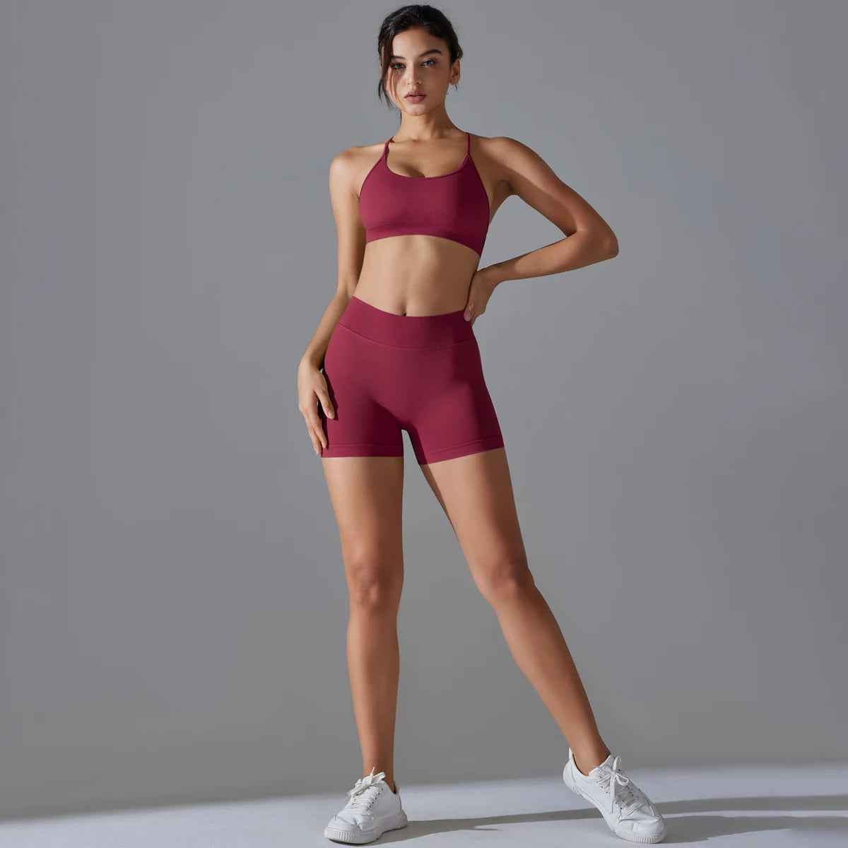 Conjunto deportivo de yoga, mallas de gimnasio de secado rápido, tirantes cruzados con absorción de impactos, pantalones cortos de ciclismo para mujer, entrenamiento de yoga.