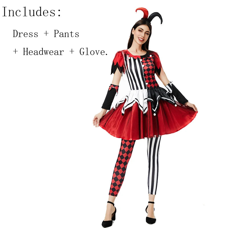 Multiple Lady Circus Clown Costume Crazy Naughty Harlequin Pennywise Roleplay Cosplay Carnival Halloween Fancy Party Dress