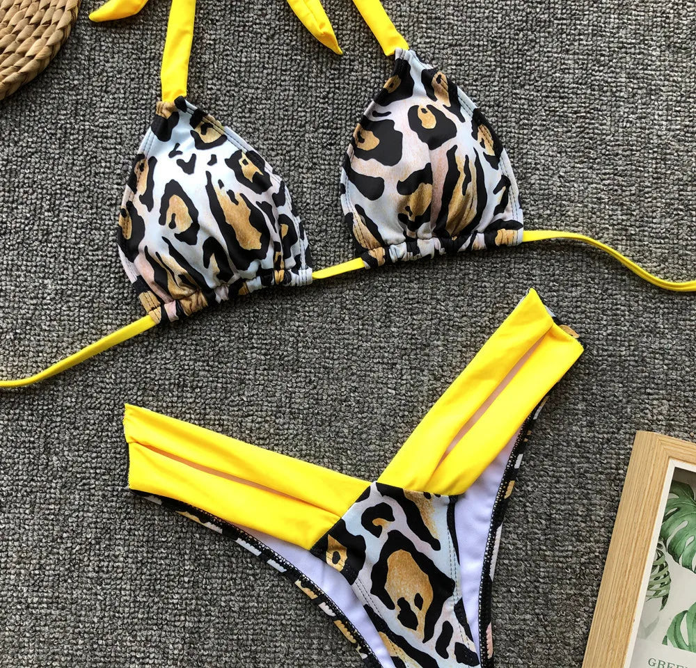 Bikini 2024 Sexy Leopardo Estampado Floral Halter Traje de Baño Traje de Baño Mujeres Bikini Conjunto Traje de Baño Playa Bikini Femenino Banadores Mujer