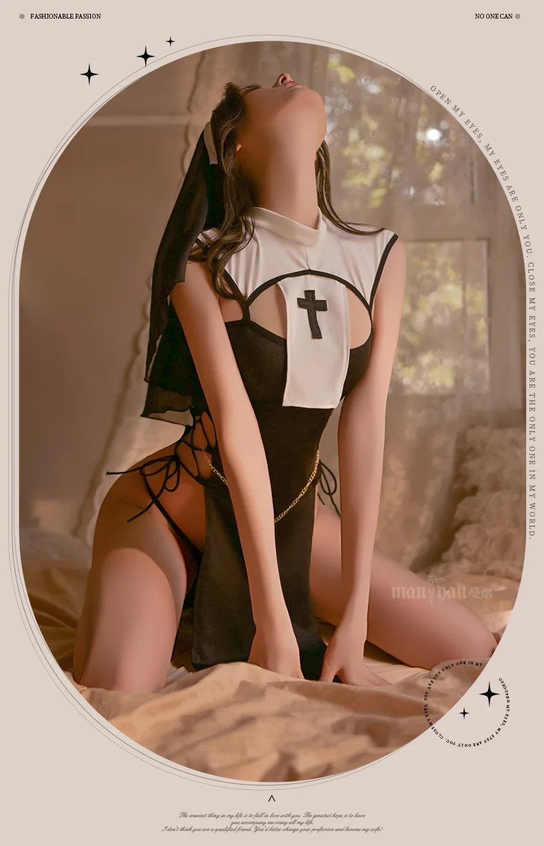 Japanese Erotic Sexy Nun Costume Women Cosplay Lingerie Gothic Maid Costume Nun Dress Anime Roleplay Halloween Sex Porno Clothes