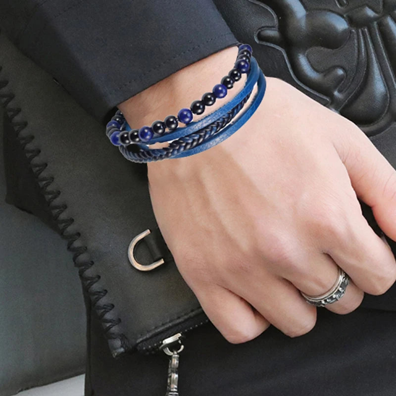 Pulseras de cuentas punk para hombre, estilo clásico, de lapislázuli azul, multicapa, de cuero, joyería, regalo, 2025