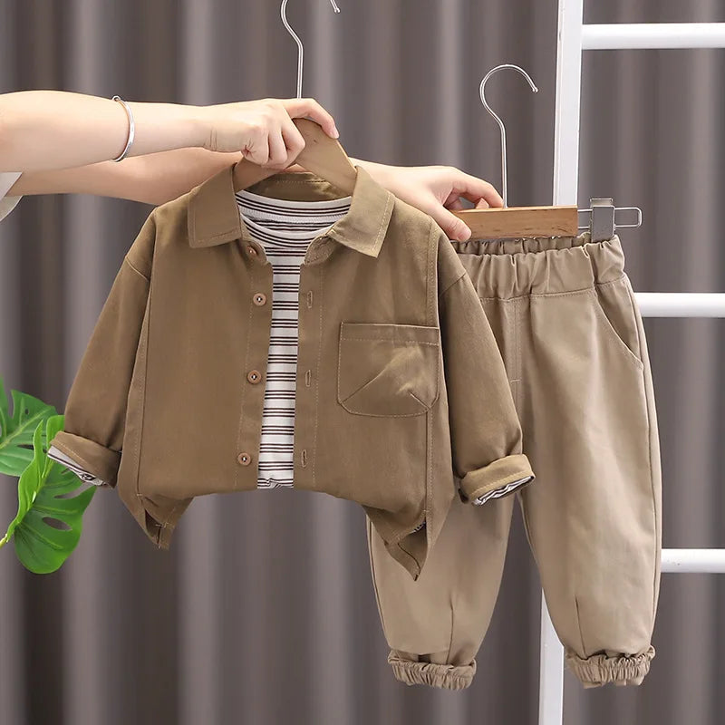Conjuntos de moda para niños, traje informal, abrigo de manga larga, camisa y pantalones, 3 piezas