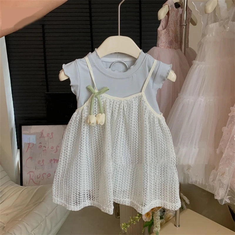 Ropa para niños 2025, conjunto de ropa azul + camisola, falda, chaleco de tulipán, falda de punto, versión coreana, conjunto para bebé con estilo