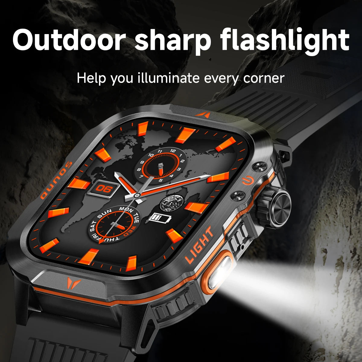 Reloj inteligente 2024 con pantalla 2.01, linterna para exteriores, brújula, IP68, resistente al agua, llamadas inalámbricas, batería de 600 mAh, modo deportivo de 100+