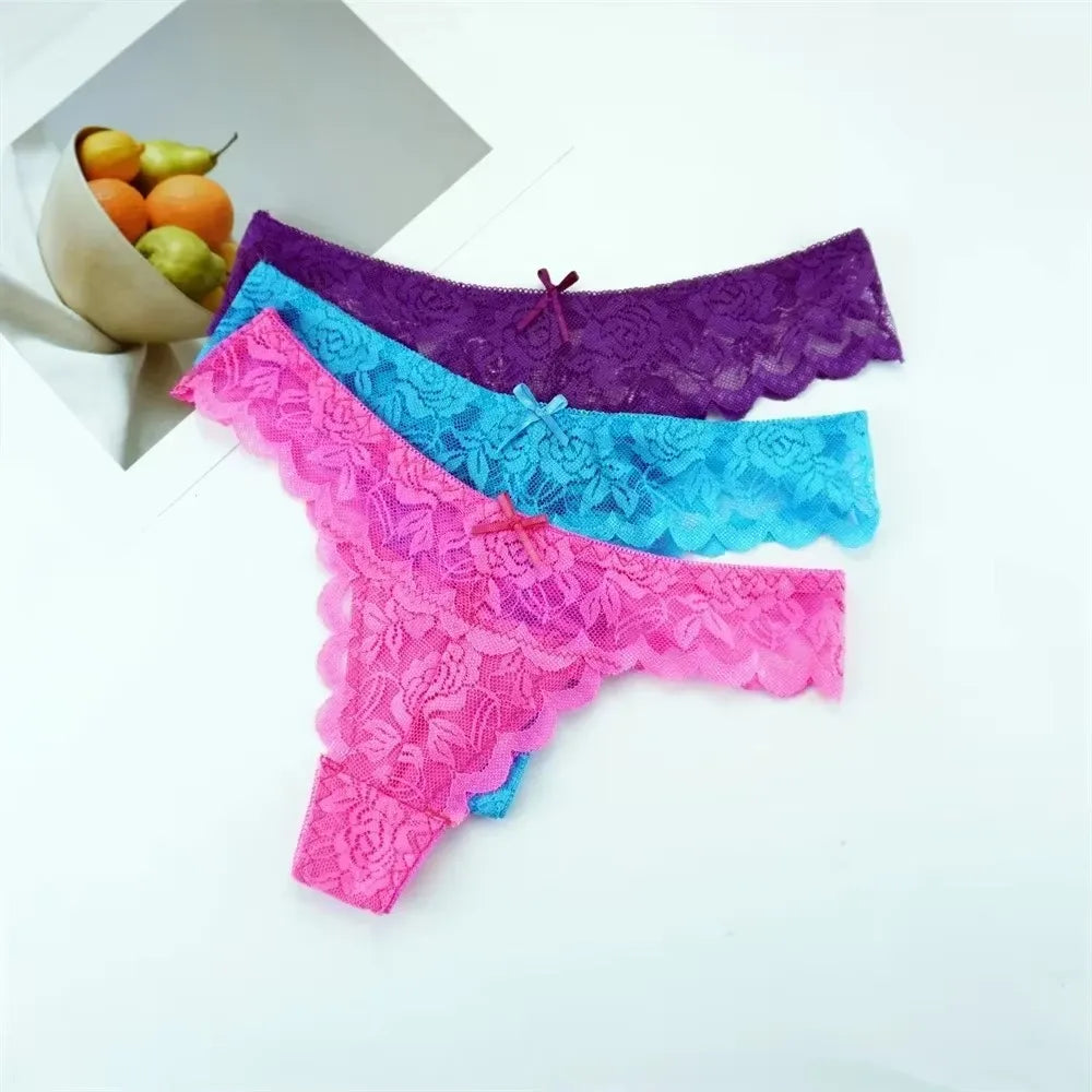 Tanga sexy de encaje de cintura baja para mujer, bragas transparentes, ropa interior erótica, 3 unidades, envío gratis
