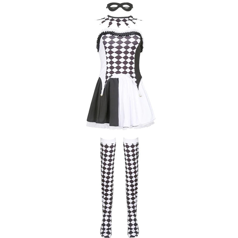 Multiple Lady Circus Clown Costume Crazy Naughty Harlequin Pennywise Roleplay Cosplay Carnival Halloween Fancy Party Dress