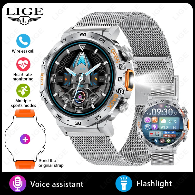 Nuevo reloj inteligente militar para hombre, pantalla AMOLED HD de 360*360, resistente al agua, con linterna LED, deportivo, para Android e iOS.