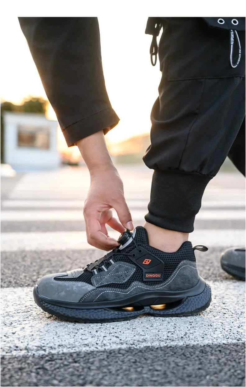 Zapatos de seguridad de trabajo con botón giratorio para hombres y mujeres, zapatos con puntera de acero, botas de seguridad indestructibles, zapatillas de trabajo protectoras ligeras.