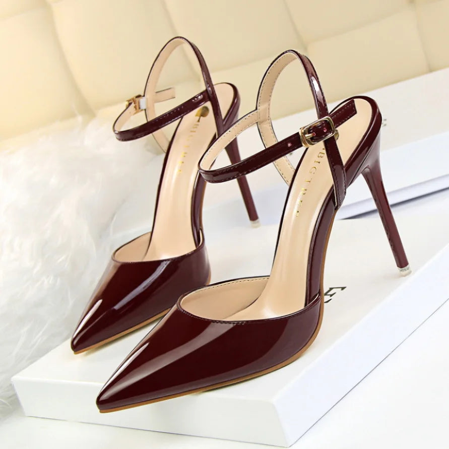Zapatos de tacón ultraalto, sencillos, delgados, de piel pintada, sexis, para discoteca, con tiras de una palabra, para mujer, 86-1