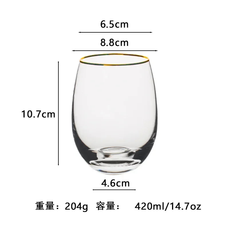 Vaso de agua redondo transparente de vidrio de alta calidad, colorido, con forma de huevo, resistente al calor, con borde dorado, para jugo, para uso doméstico.