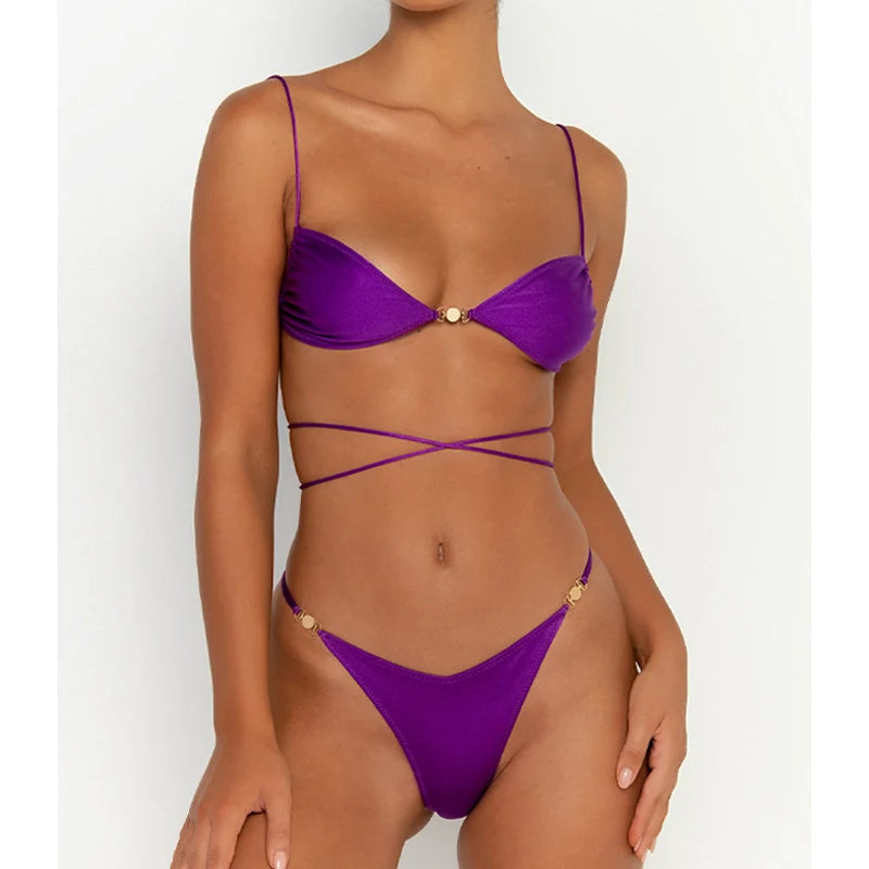 Traje de baño para mujer, bikini sexy de un solo color con lazos, tangas, trajes de baño de color liso, ropa de playa, bikini brasileño de verano 2024