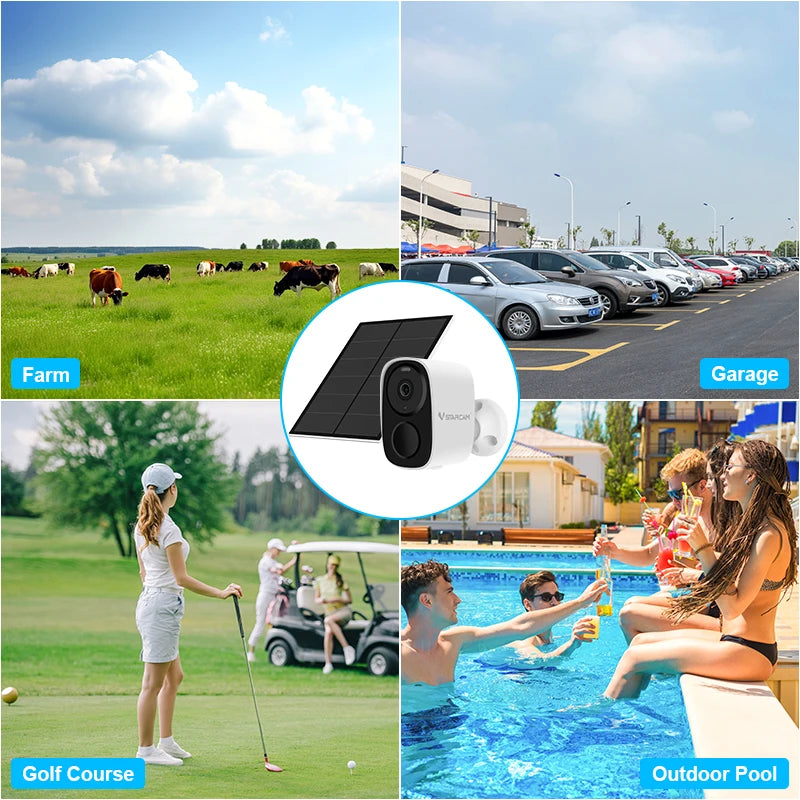Cámaras de seguridad solares Vstarcam 2K inalámbricas para exteriores con batería, alarma de movimiento PIR, almacenamiento en la nube y audio bidireccional.