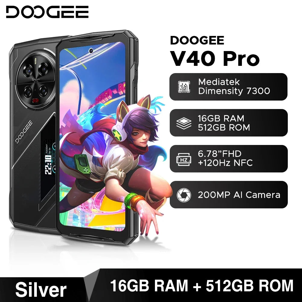 Teléfono robusto DOOGEE V40 Pro 5G versión global, pantalla de 6,78", 16 GB + 512 GB, dimensiones 7300, cámara con IA de 200 MP, 8680 mAh, cargador rápido de 33 W.