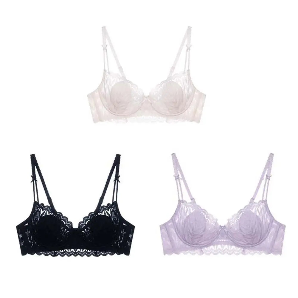 Sujetador de encaje con escote en V profundo y tirantes de lazo, con aro de acero suave, a prueba de golpes, para mujer, con pechos fruncidos, ropa interior push up antiflacidez.