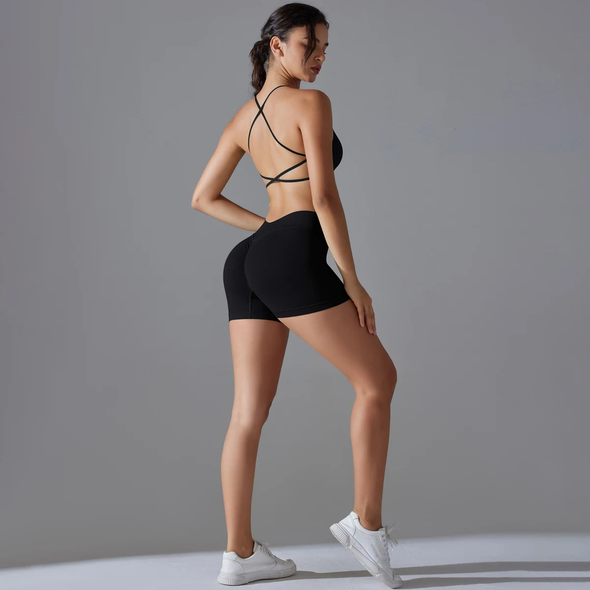 Conjunto deportivo de yoga, mallas de gimnasio de secado rápido, tirantes cruzados con absorción de impactos, pantalones cortos de ciclismo para mujer, entrenamiento de yoga.