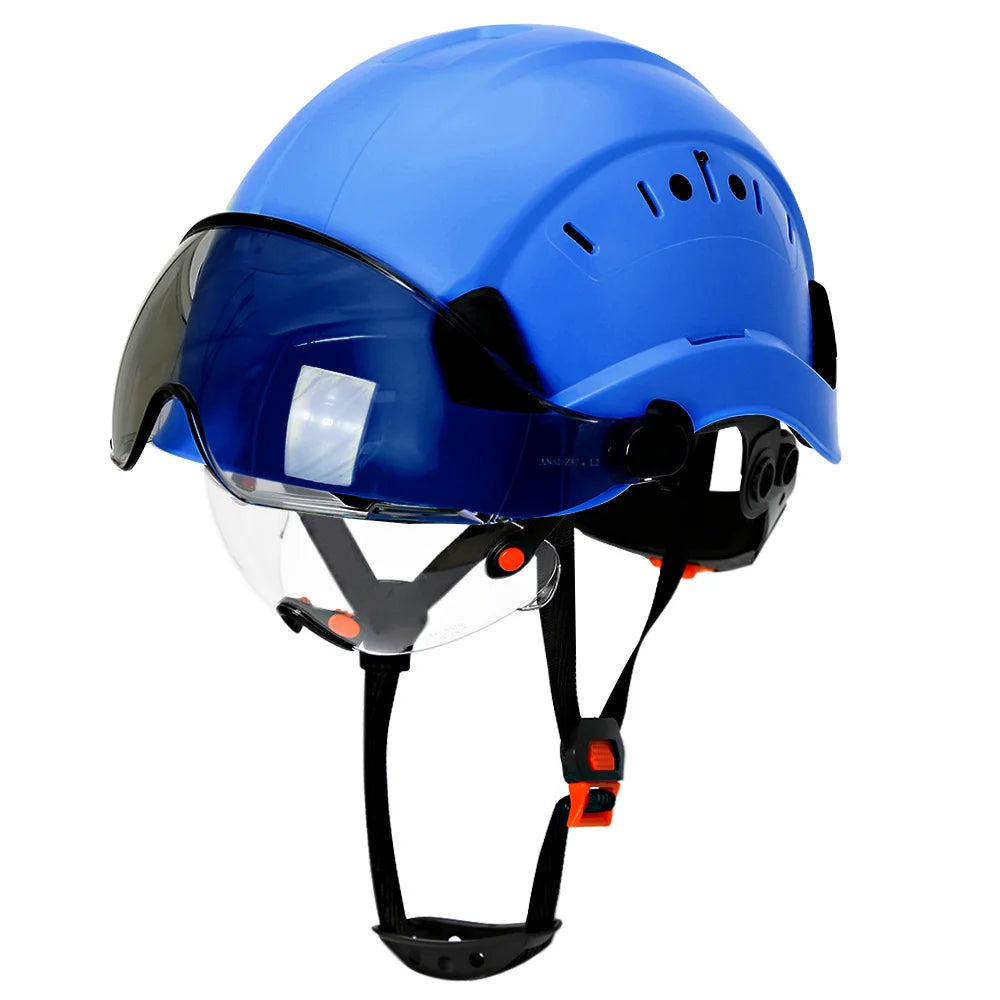 Casco de seguridad con patrón de fibra de carbono y gafas de doble visera para ingenieros, casco de seguridad CE ANSI ABS, gorra de trabajo industrial, rescate