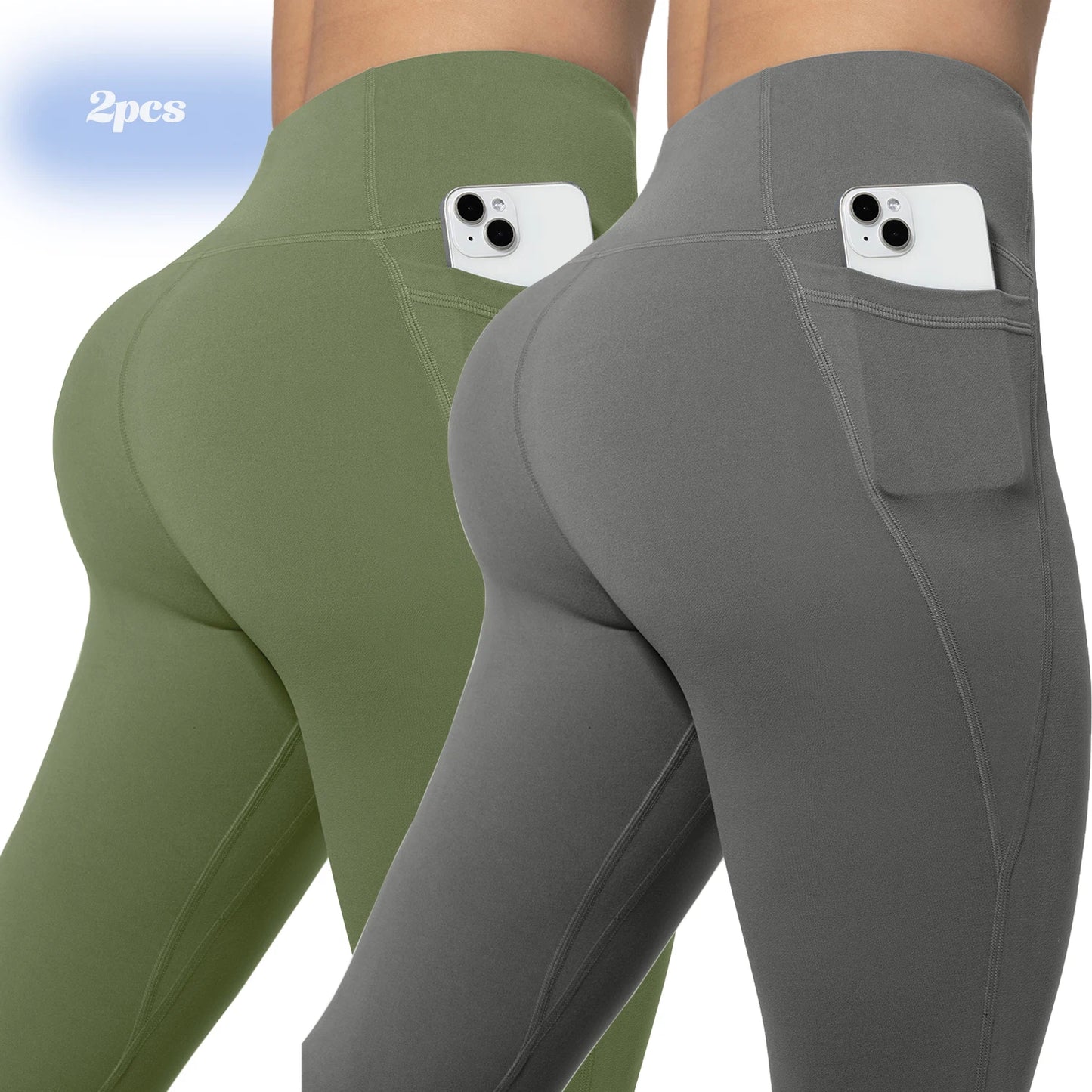 Leggings de yoga para mujer, 2 unidades, con bolsillos, color liso, para gimnasio, actividades al aire libre, cintura alta, ajustados, pantalones deportivos para correr.