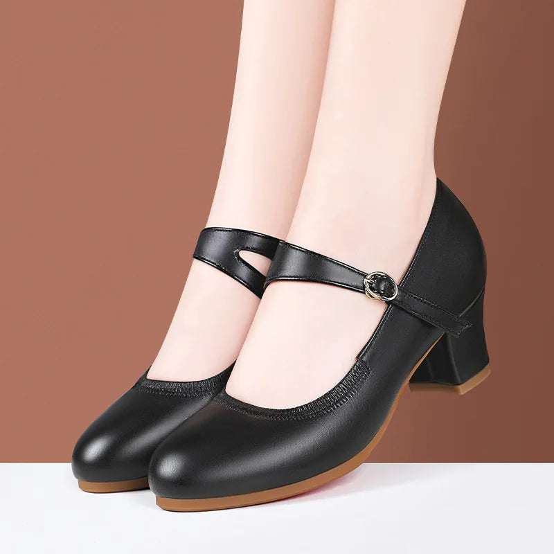 Zapatos Mary Jane de plataforma de piel suave, cómodos y poco profundos, de 3,5 cm y 5,5 cm, para primavera de 2025, con tacón de bloque mediano, para oficina y mamá.