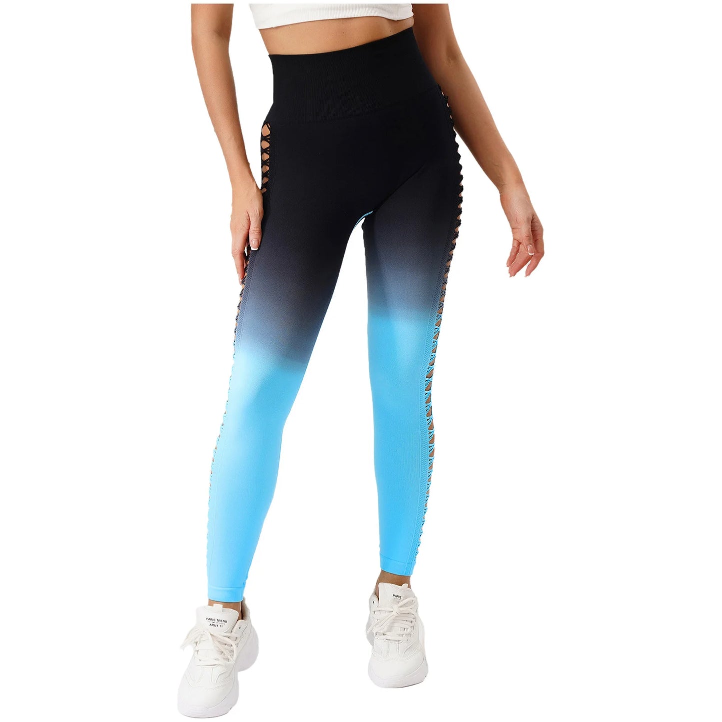 Womens Hip Tight Yoga Pants High Waist Side Hollowed-Out Mesh Design Exercise Yoga Leggings Running Gym Fitness