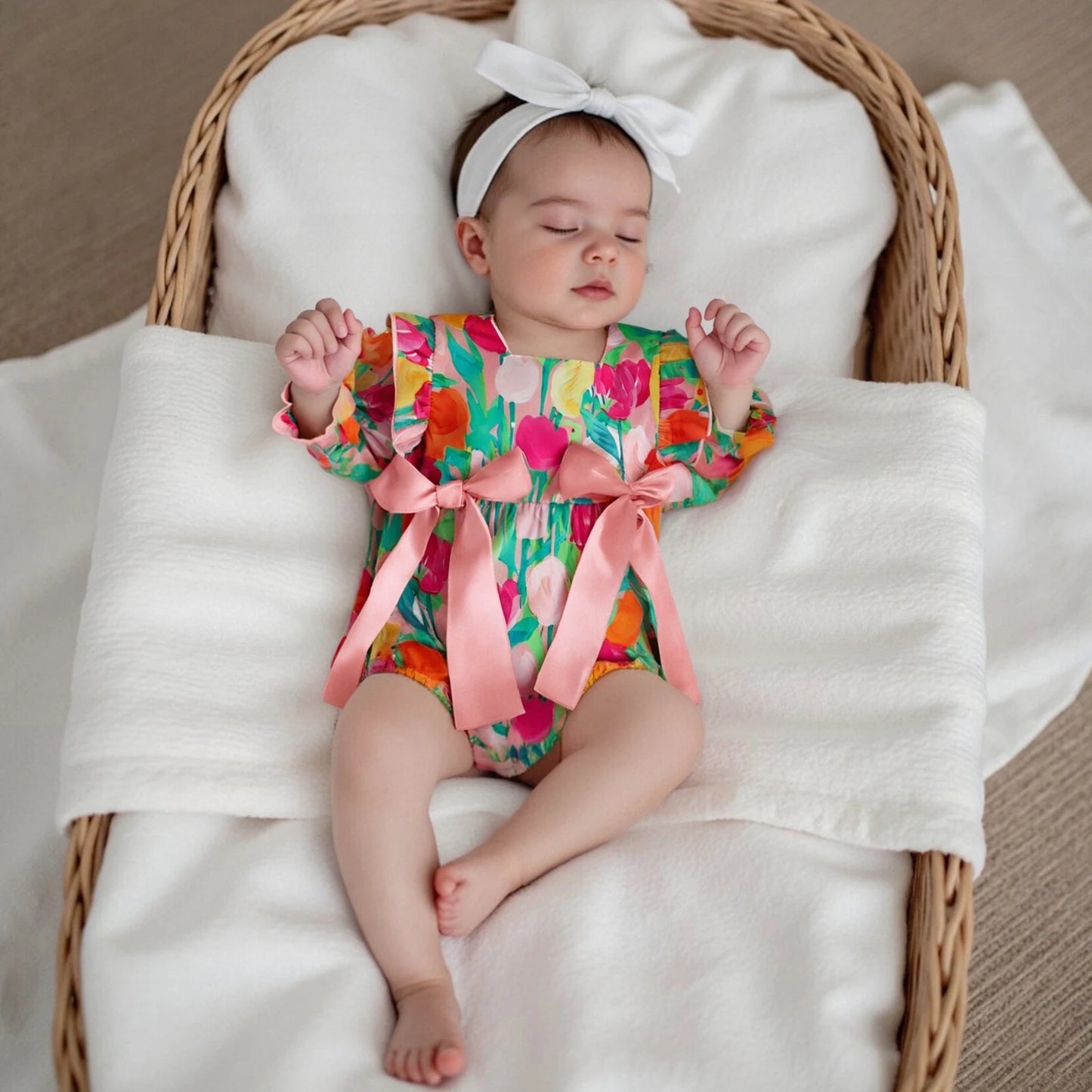 Ropa de bebé para niñas, primavera y otoño, mono con estampado floral y volantes de manga larga, ropa dulce para recién nacidos.
