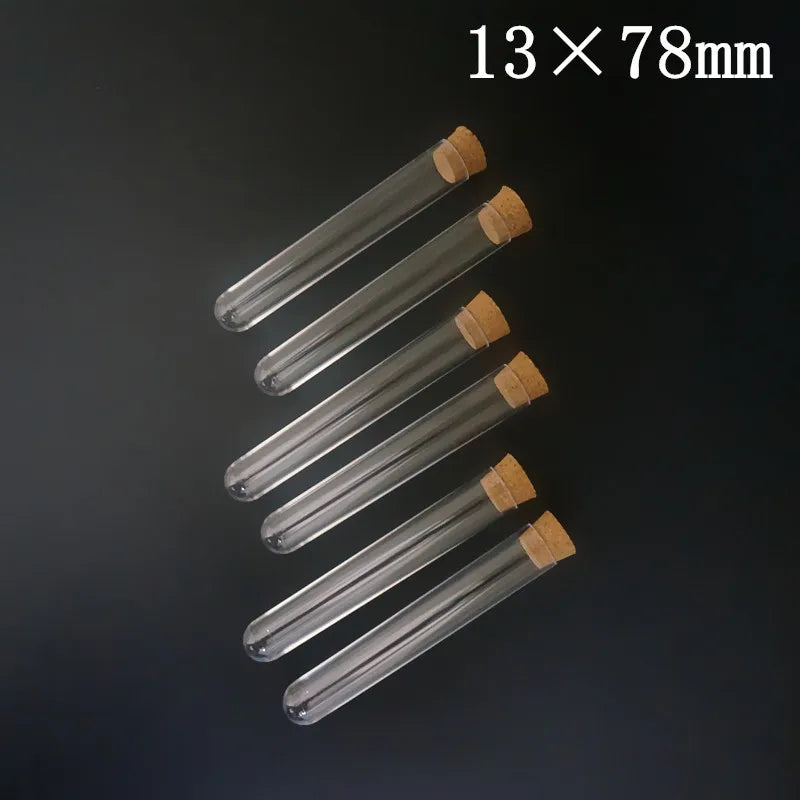 Tubos de ensayo de plástico transparente de 60 mm a 180 mm con tapones de corcho, ideales para laboratorios escolares, regalos de boda, etc.