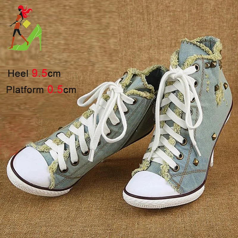 Botas cortas de mezclilla para mujer, botines con tachuelas y tacones altos, botas de mujer con remaches, tacones altos finos con cordones, zapatos de mezclilla