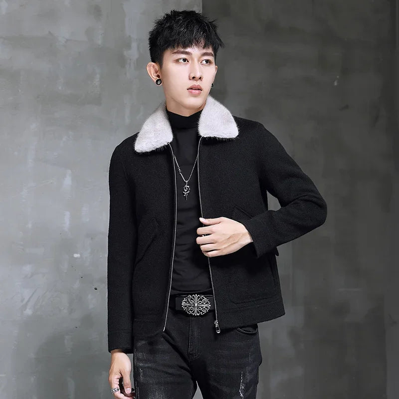 AYUNSUE Spring Autumn Wool Coat Men Double-sided Alpaca Jacket Mink Fur Collar Mens Coats and Jackets Overcoat 1970B KJ3859