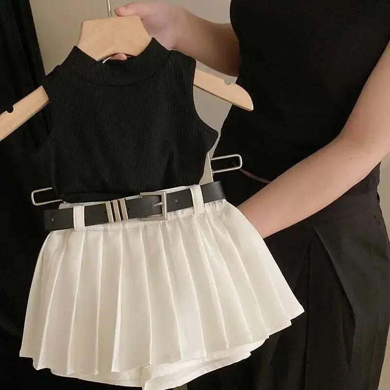 Ropa para niños, verano 2025, nueva moda para niñas, camiseta sin mangas, dulce y fresca, conjunto de falda de moda, ropa sencilla para niñas.